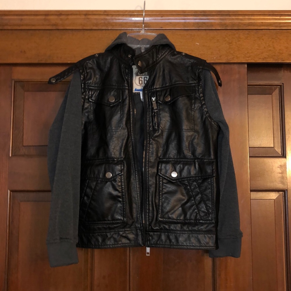 Black and grey leather jacket/ regular hoodie